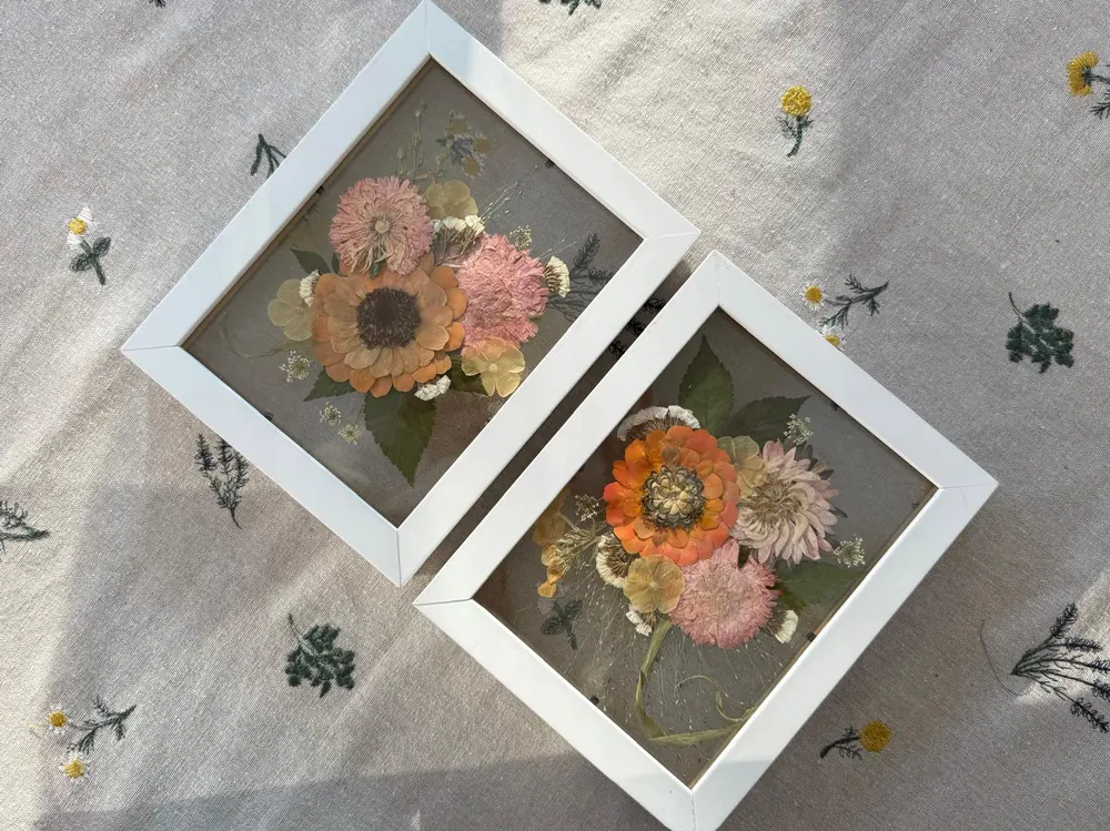 Two white frames with pressed zinnia and carnation arrangements on linen
